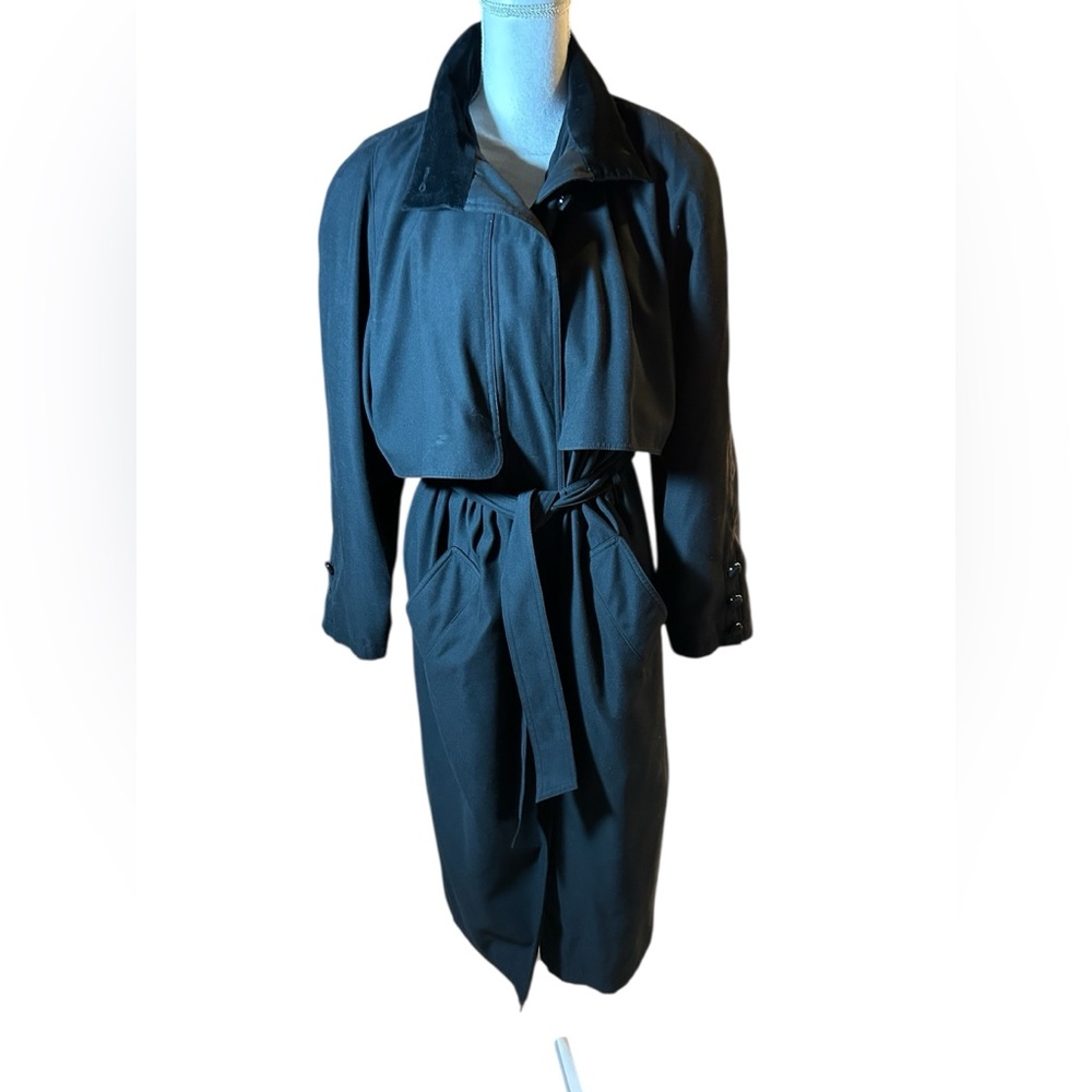 Valerie Stevens Petites Microfiber Black Belted Trench Coat with Velvet Collar